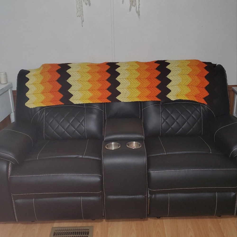 Hand Crafted Crochet Afghan throw blanket zig zag chevron brown yellow orange - Picture 4 of 4